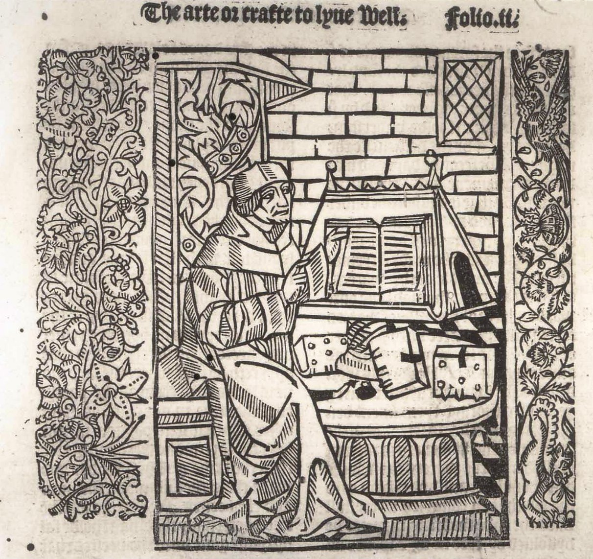 wynkyn-de-worde Illustration from The arte or crafte to lyve well and to dye well, now on display in the South Quire Aisle