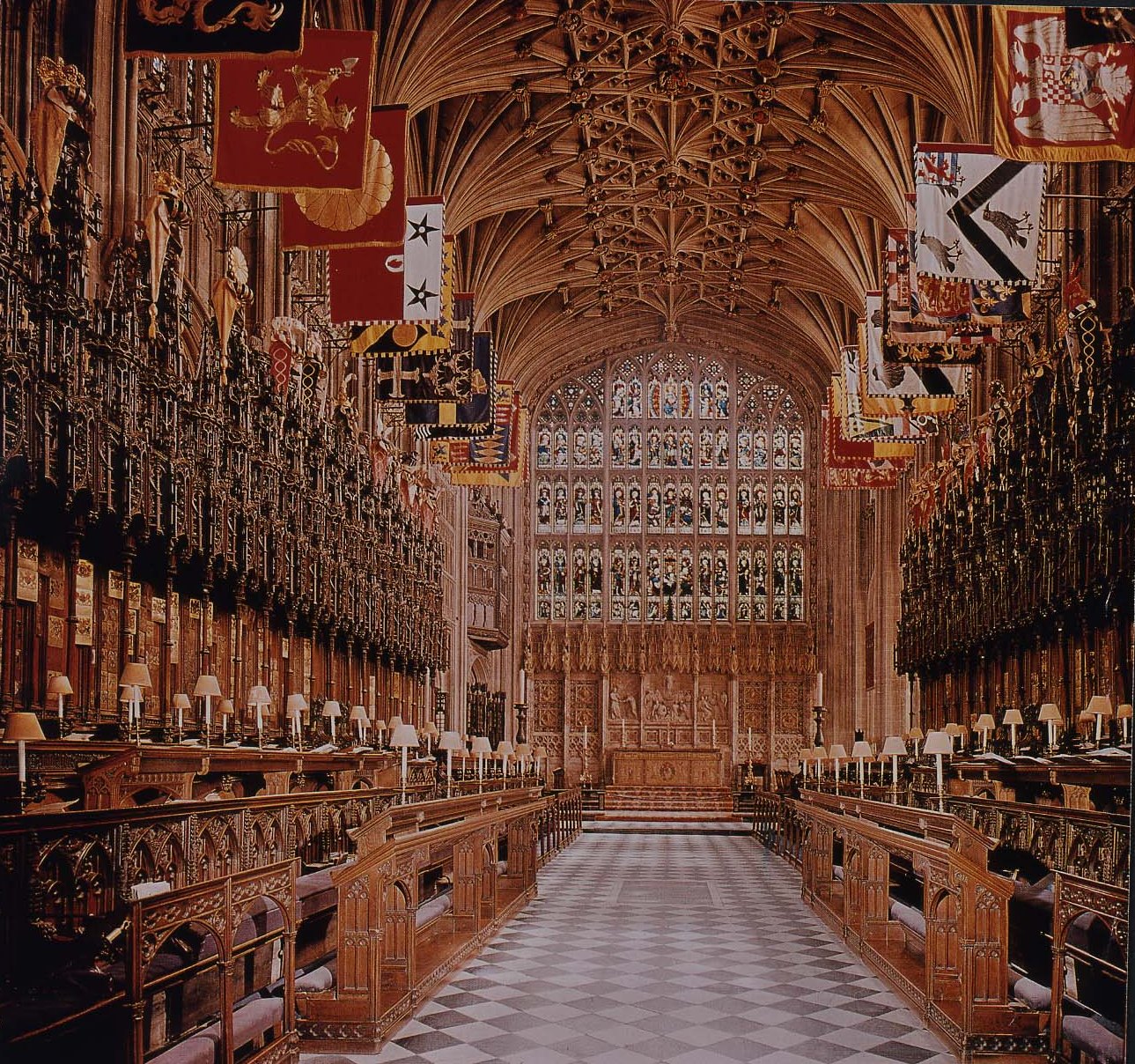 Hirohito-banner Banners in the Quire, with that of Hirohito 3rd on the left.