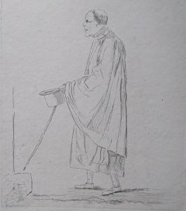 A pencil drawing of an old man approaching a step, feeling for it with a cane, with his hat out in front of him
