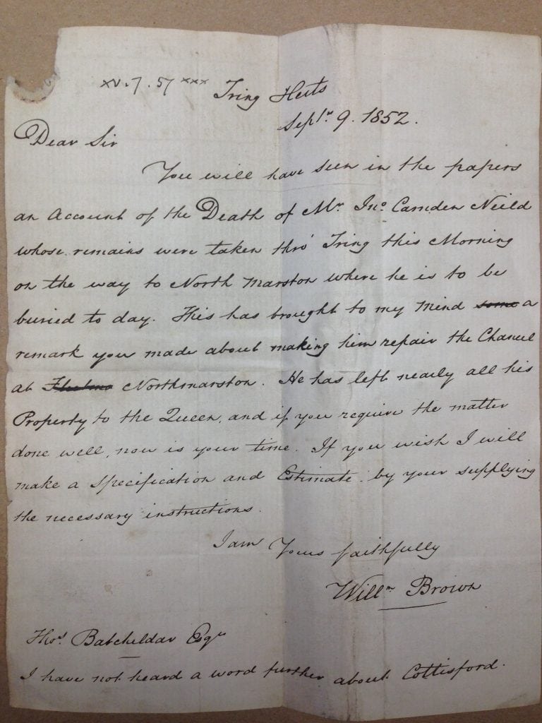 SGC.M. 1137/4/1- A letter from William Brown informing Thomas Batcheldor about the implications of the death of John Camden Neild in 1852.