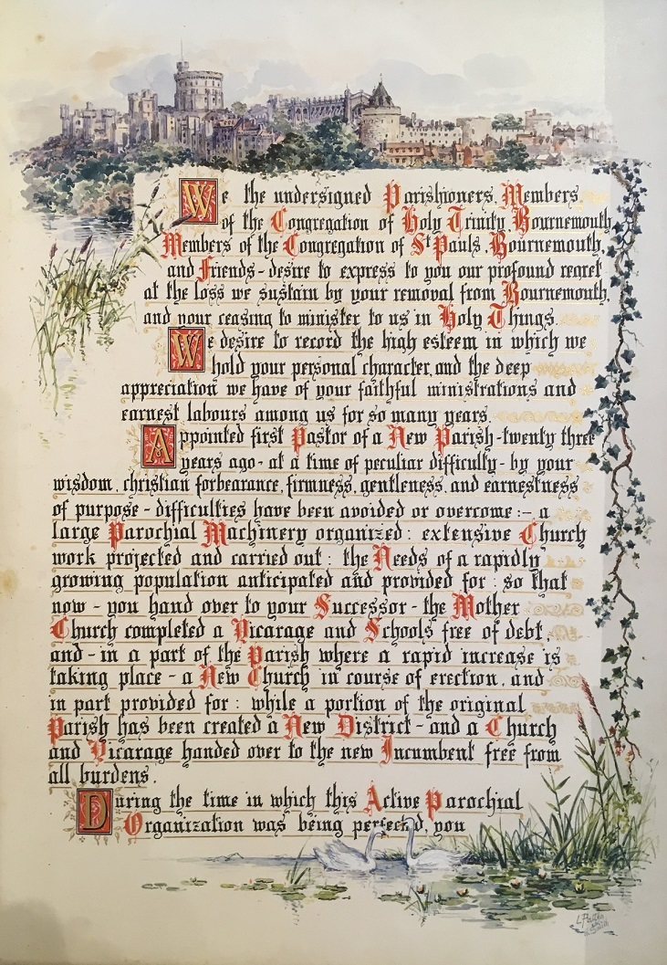 The opening message of the commemorative volume presented to Philip Frank Eliot by his parishioners in Bournemouth. Hand-written in black, red and gold ink and illustrated with a watercolour drawing of Windsor Castle.