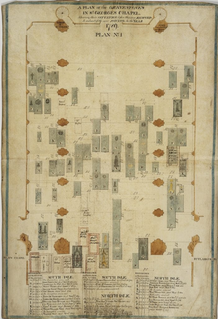 The featured image of the month - the plan of the gravestones produced by Emlyn in 1789 before St George's Chapel was repaved.