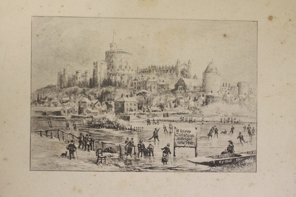 Christmas scene of Windsor Castle and ice-skaters sketched by A. Y. Nutt, Chapter Surveyor.
