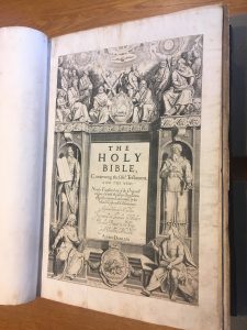 Frontispiece from a first edition (1611) King James Bible pasted in a second edition (1613) King James Bible
