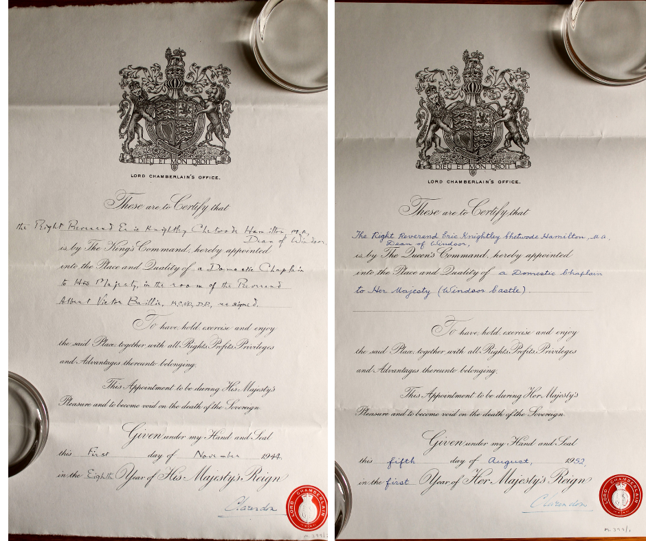 Two certificates, both headed with the Royal coat of arms, the text is printed in black ink with handwritten insertions in black ink on the left certificate and blue ink on the right certificate. Both certificates bear the signature and red embossed seal of the Lord Chamberlain in the bottom, right-hand corners.