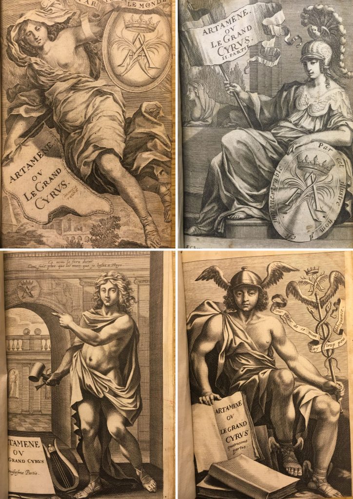 Four black and white printed images of Greek gods: clockwise from top left, Harmonia, Athena, Hermes and Apollo. Each carries a banner bearing the title of the book "Artamene ou le Grand Cyrus".