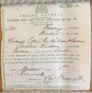 Printed slip with green writing issued by Inland Revenue. The details about the servant kept and the place are filled in in black ink.