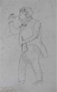Pencil drawing of a man in 19th century costume holding a bottle in his left hand.