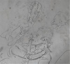 A pencil sketch of the heads of a man and a woman embracing against a background of other faces and foliage.