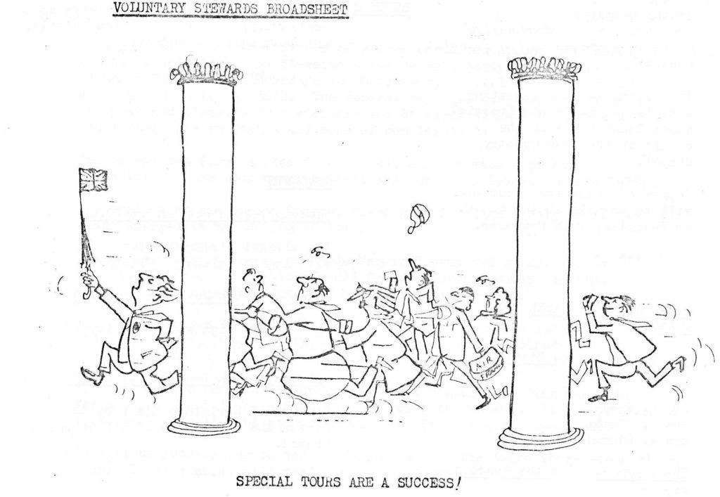 A line drawing cartoon with a group of tourists rushing after a man waving a flag and the caption 'Special tours are a success!'