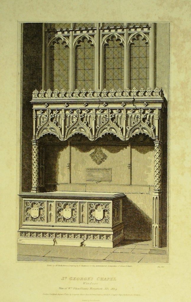 A black line print on cream paper depicting an elaborately carved tomb and canopy, decorated with quatrefoils, trefoils, lattice work, arches and blind shields. On the wall behind are two shapes, one diamond with the impression of a drawing on it, one rectangle with the impression of writing on it. Window tracery and diamond-paned glass rises above the carved canopy.